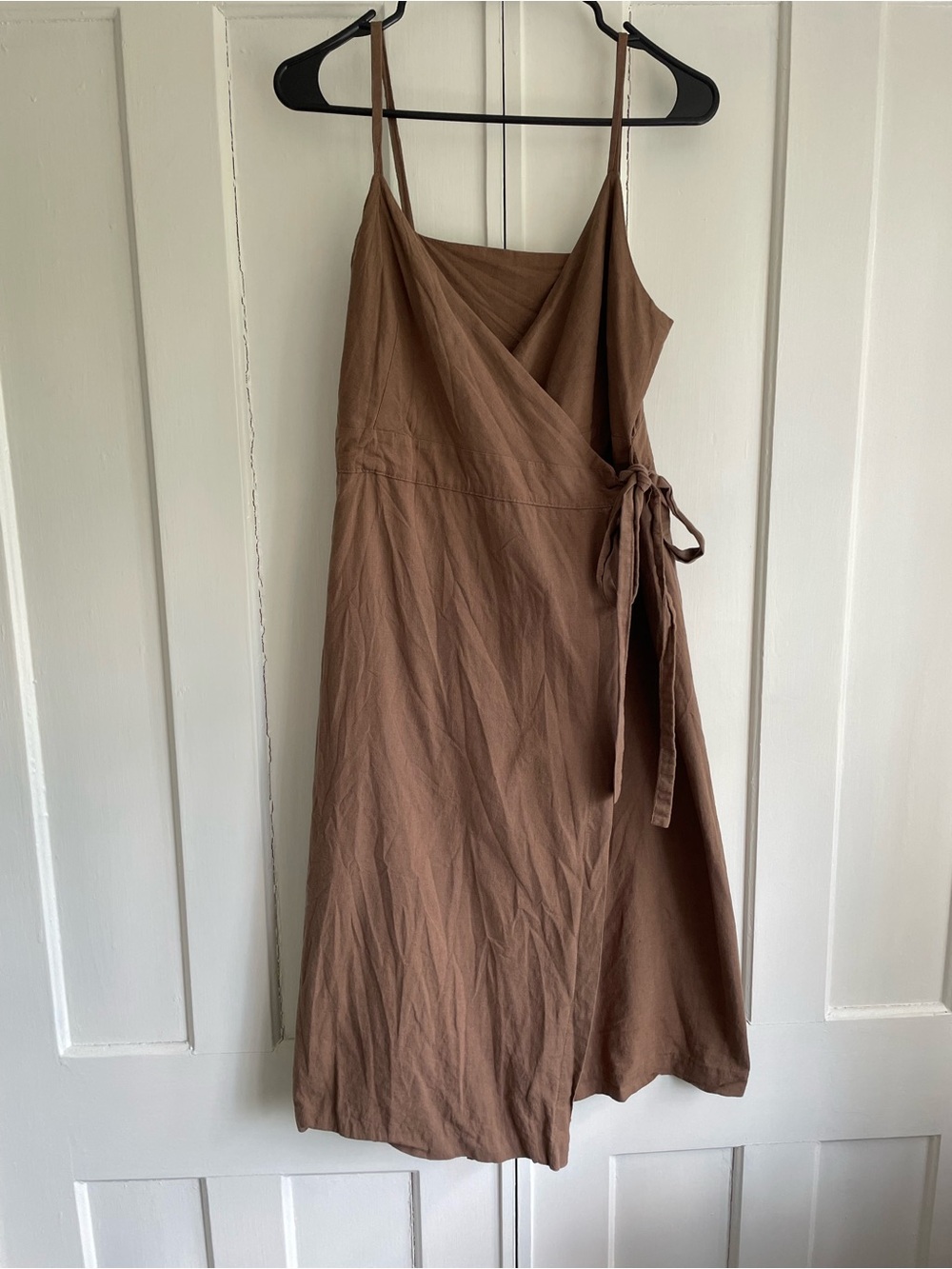 Mielle Korea OS Women's Brown Lined Cotton Wrap Midi Dress w Tie Strap One Size